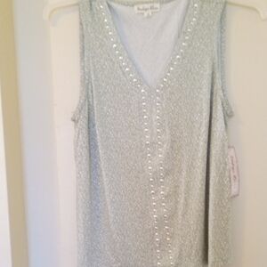 Brand New Sleeveless V-Neck Silver Beaded Tank Top
